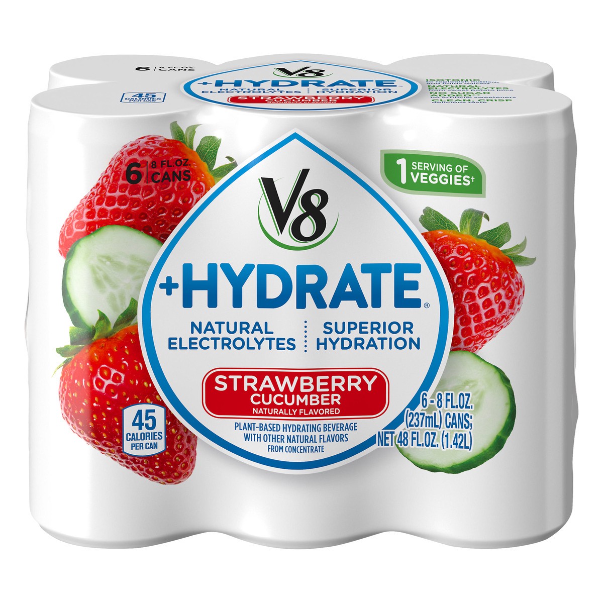 slide 1 of 9, V8 +Hydrate Strawberry Cucumber Hydrating Beverage 6 ea, 6 ct
