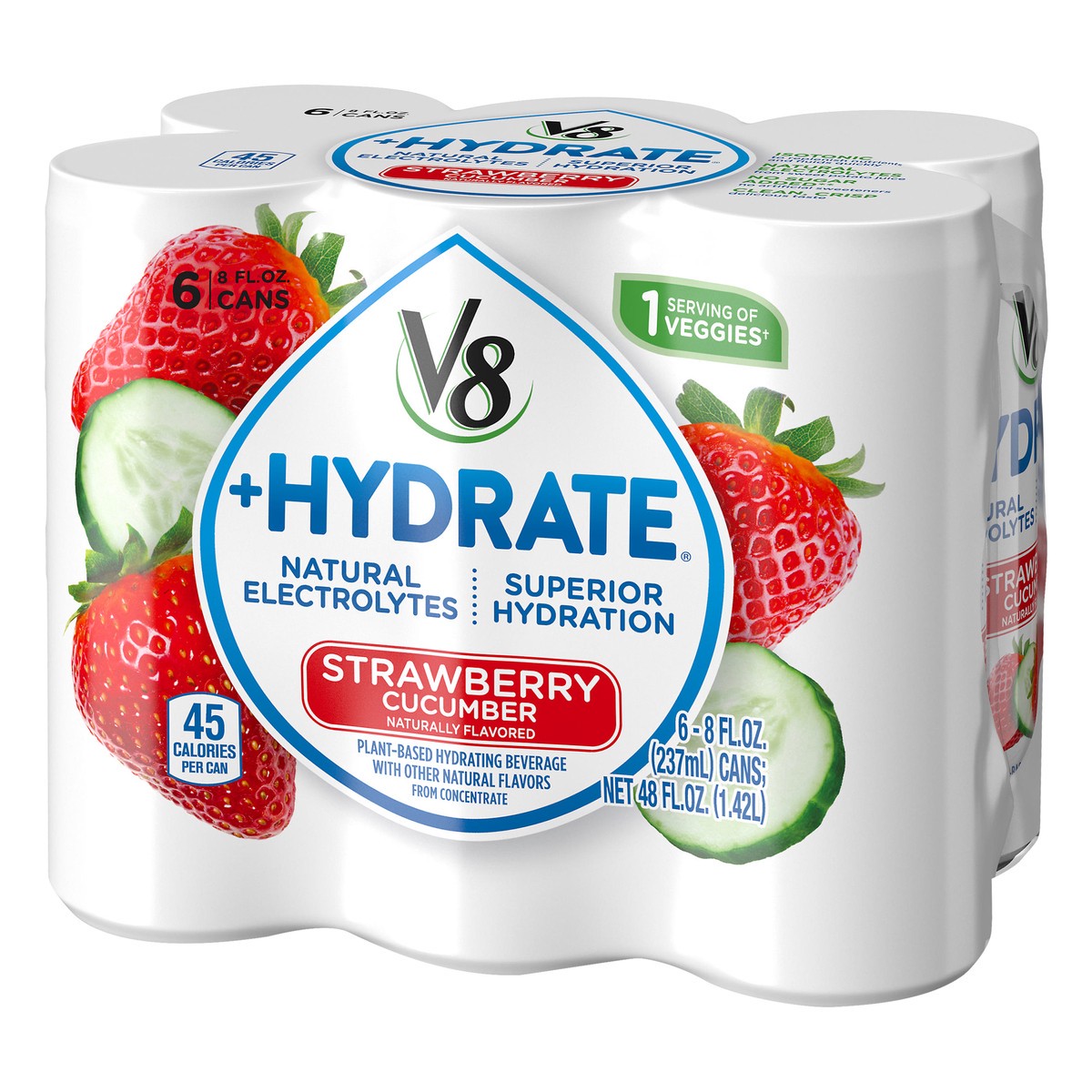 slide 8 of 9, V8 +Hydrate Plant-Based Hydrating Beverage, Strawberry Cucumber, 8 oz. Can (Pack of 6), 48 oz