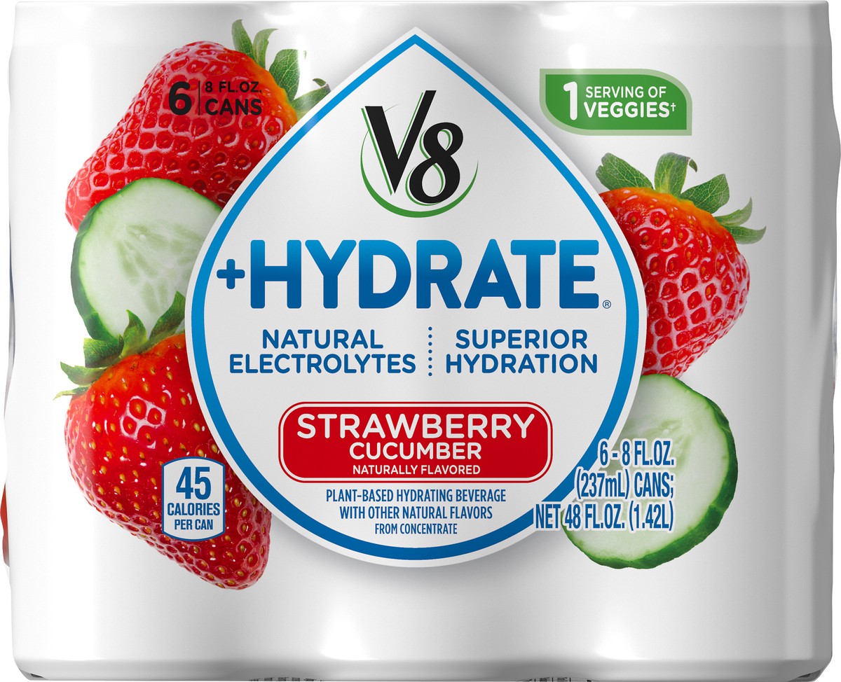 slide 7 of 9, V8 +Hydrate Plant-Based Hydrating Beverage, Strawberry Cucumber, 8 oz. Can (Pack of 6), 48 oz