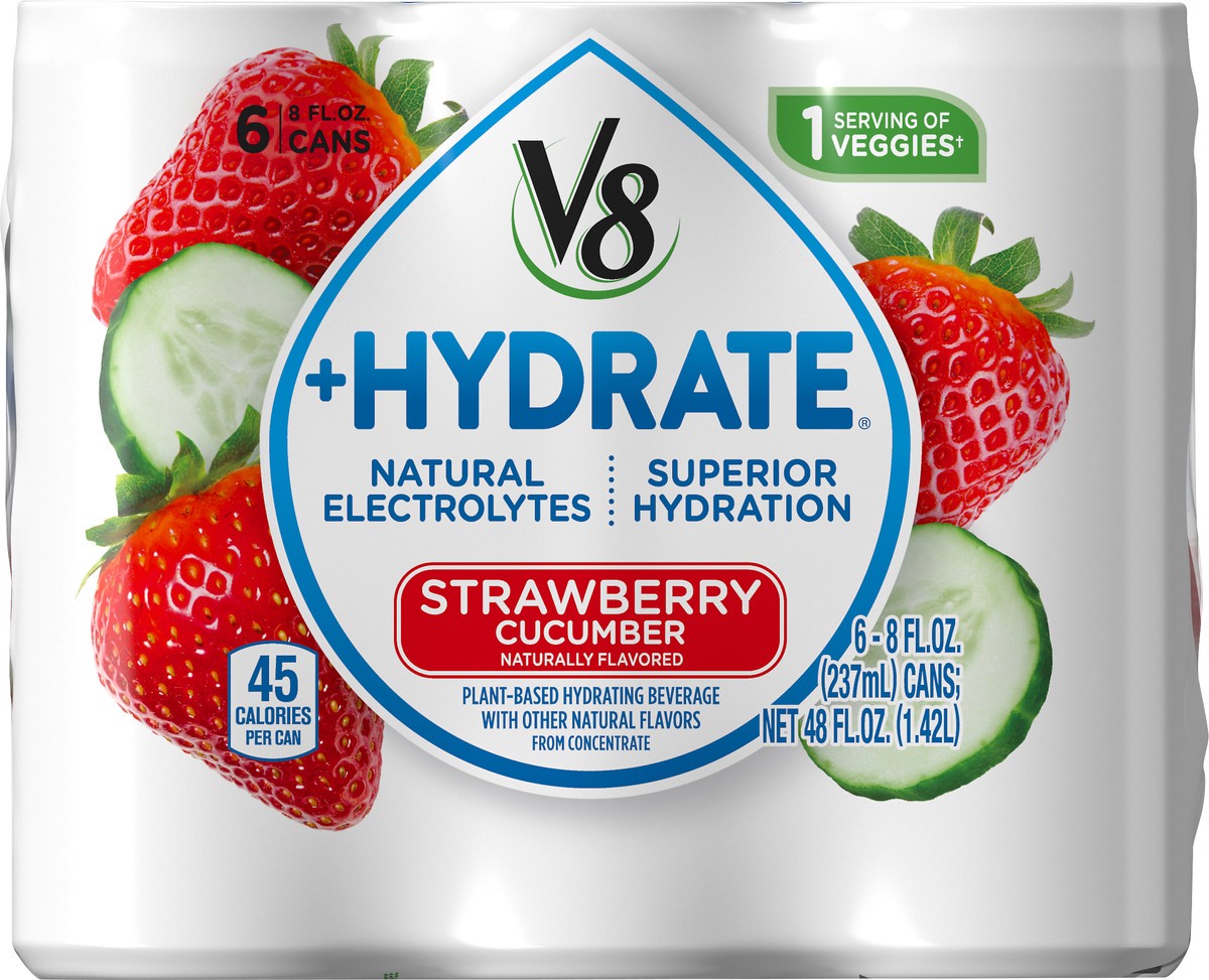 slide 6 of 9, V8 +Hydrate Plant-Based Hydrating Beverage, Strawberry Cucumber, 8 oz. Can (Pack of 6), 48 oz