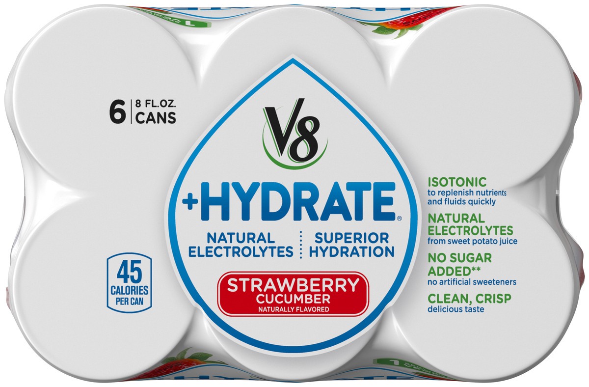 slide 3 of 9, V8 +Hydrate Plant-Based Hydrating Beverage, Strawberry Cucumber, 8 oz. Can (Pack of 6), 48 oz