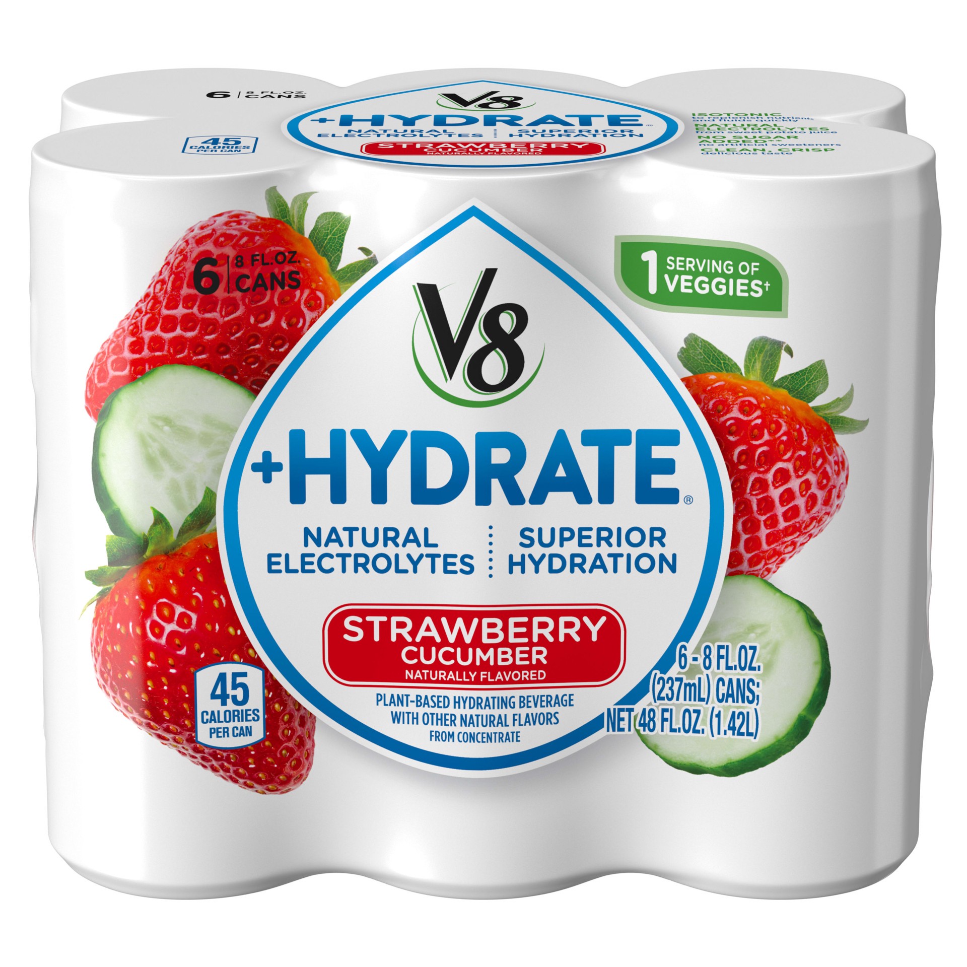 slide 1 of 9, V8 +Hydrate Plant-Based Hydrating Beverage, Strawberry Cucumber, 8 oz. Can (Pack of 6), 48 oz
