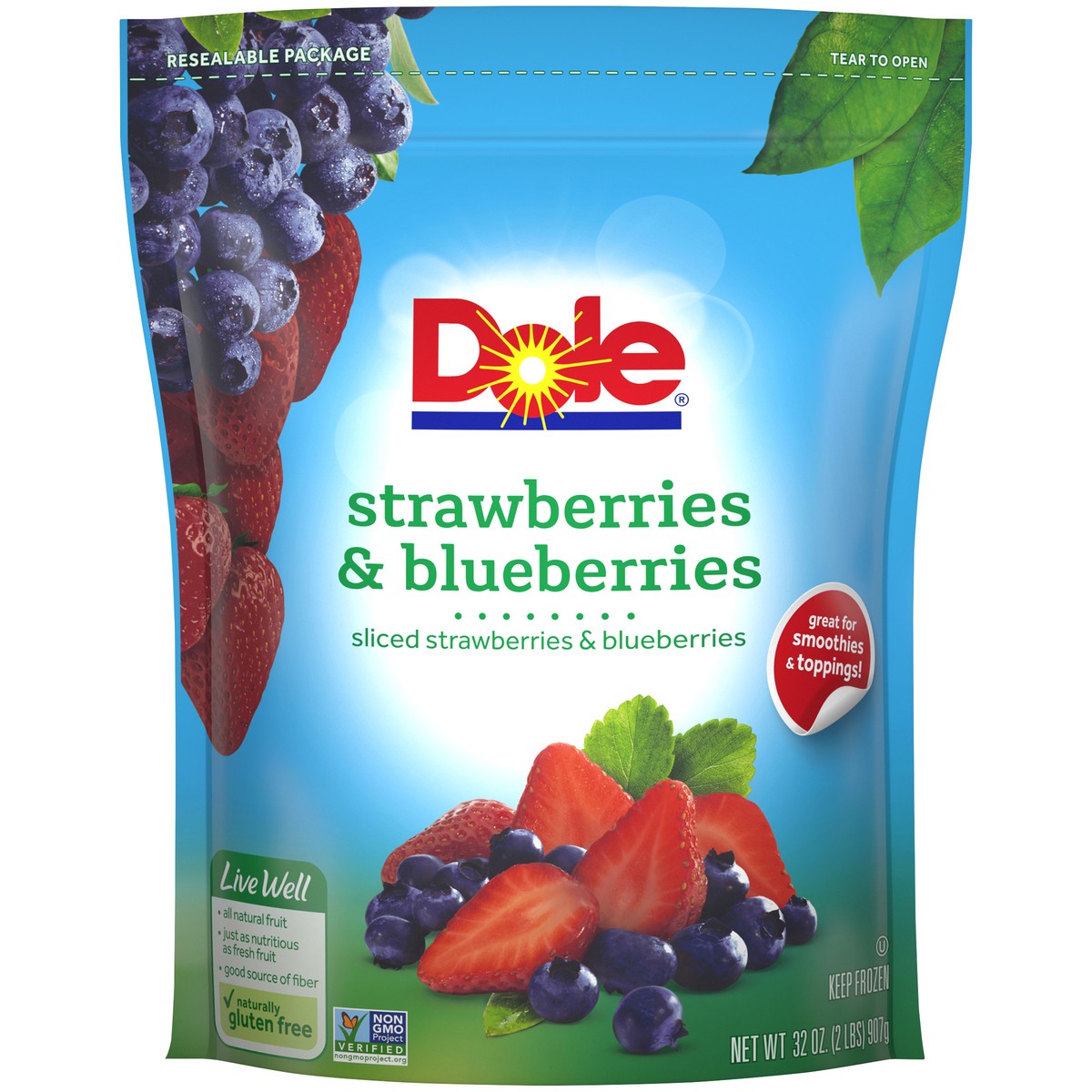 slide 1 of 14, DOLE Frozen Strawberries and Blueberries Mix, 32 Ounce Bag, 32 oz