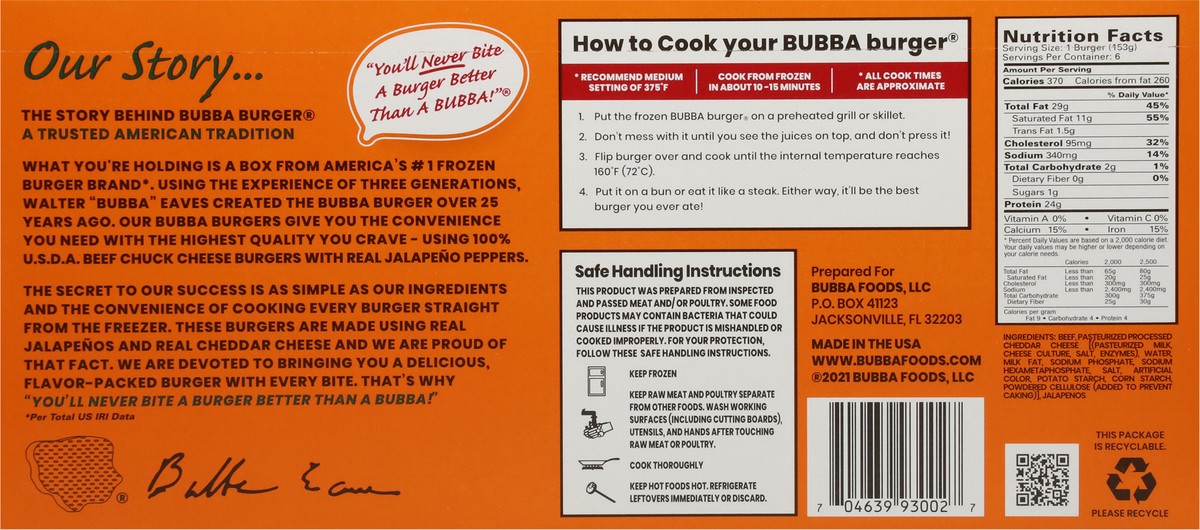 slide 5 of 9, BUBBA Burger Beef Chuck Jalapeño Cheddar Cheese Burgers 6 - 0.33 lb Burgers, 6 ct