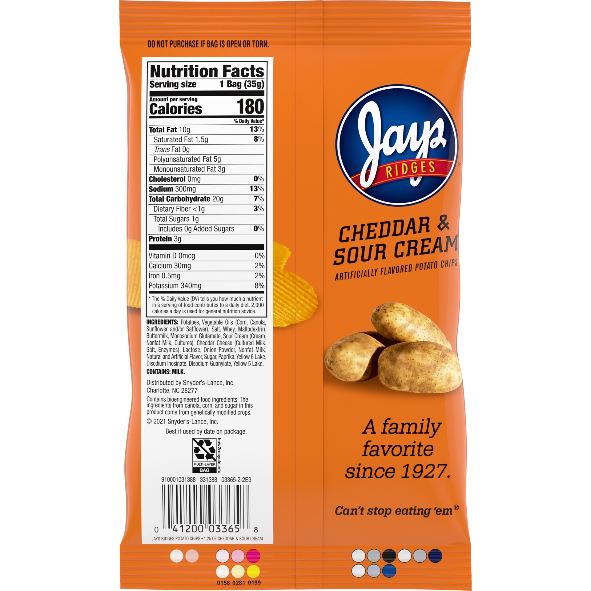 slide 6 of 6, Jays Ridges Potato Chips, Cheddar and Sour Cream, 1.25 Oz Bag, 1.25 oz