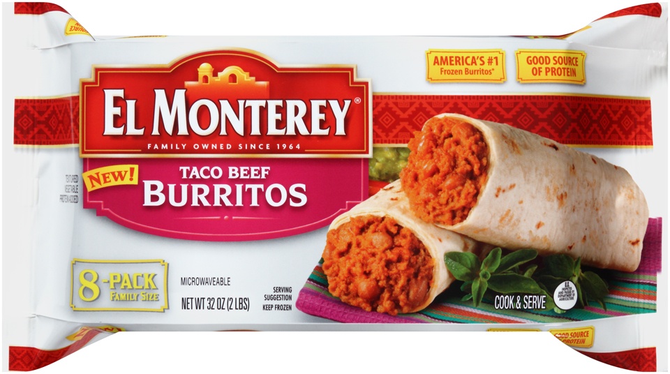 slide 1 of 1, El Monterey Taco Beef Burritos, 8 ct; 4 oz