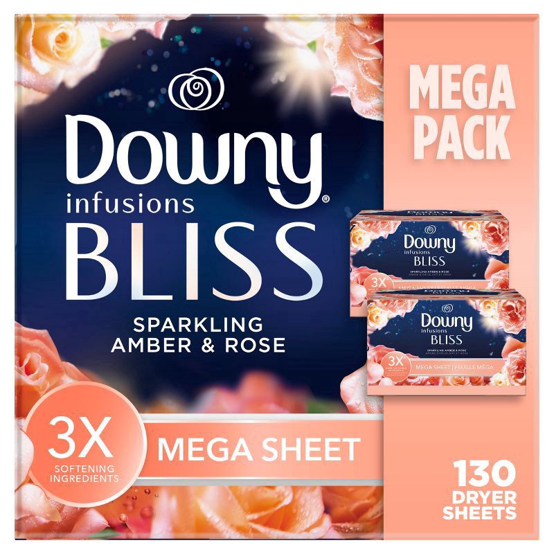 slide 1 of 6, Downy Infusions Sparkling Amber & Rose Bliss Mega Dryer Sheets, 130 ct