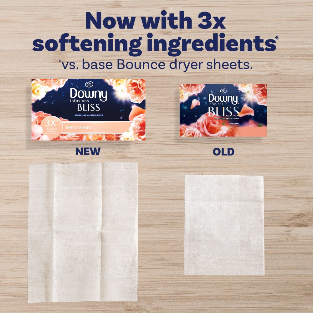 slide 2 of 6, Downy Infusions Sparkling Amber & Rose Bliss Mega Dryer Sheets, 130 ct