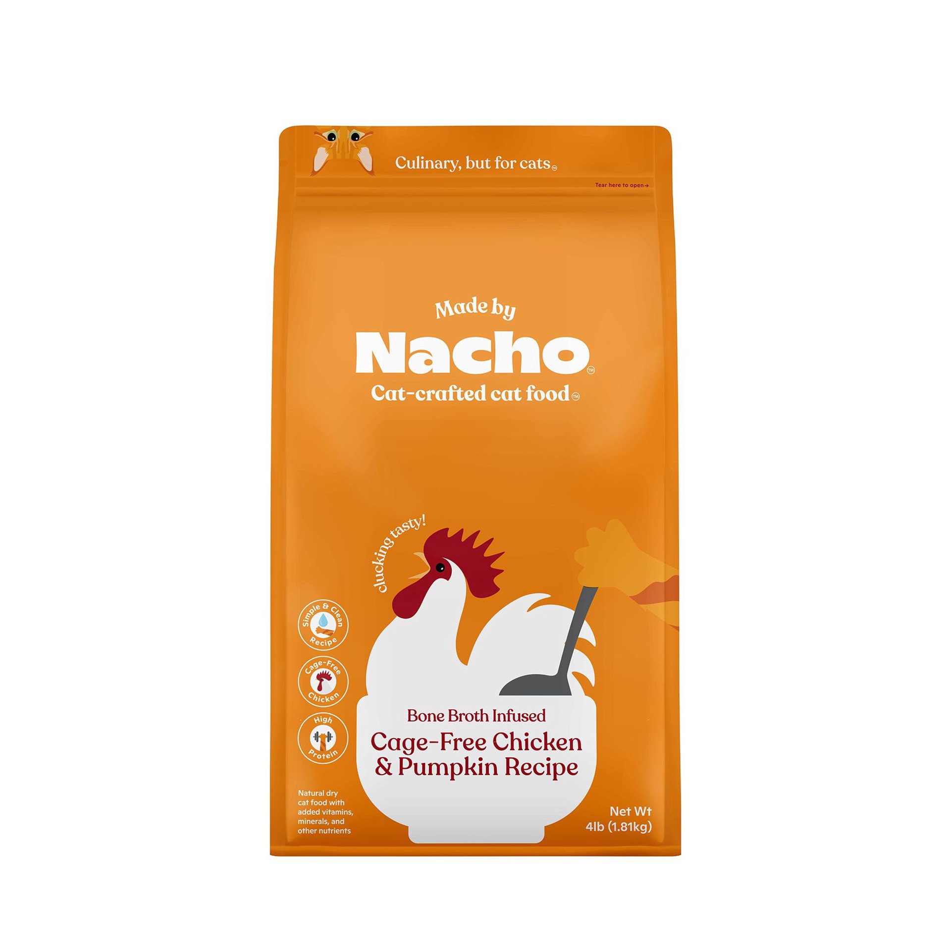 slide 1 of 1, Made by Nacho Premium Grain-Friendly Chicken & Pumpkin Recipe Bone Broth Infused Dry Cat Food, 4 oz., 1 ct