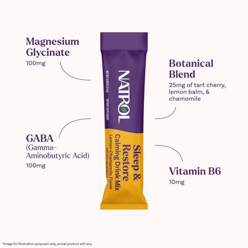 slide 6 of 8, Natrol Sleep + Restore Calming Drink Mix, GABA, Magnesium Glycinate, Botanical Blend, Melatonin-Free, Essential for Your Ultimate Restorative Sleep, Lemon Chamomile Flavored, 10 Stick Packs, 10 ct