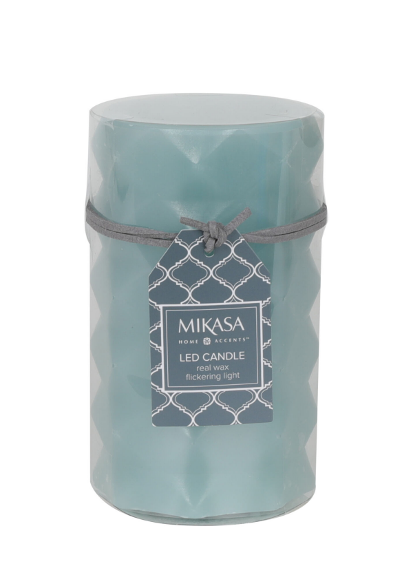 slide 2 of 5, Mikasa 3x5 inch Blue Embossed LED Wax Pillar Candle, 1 ct