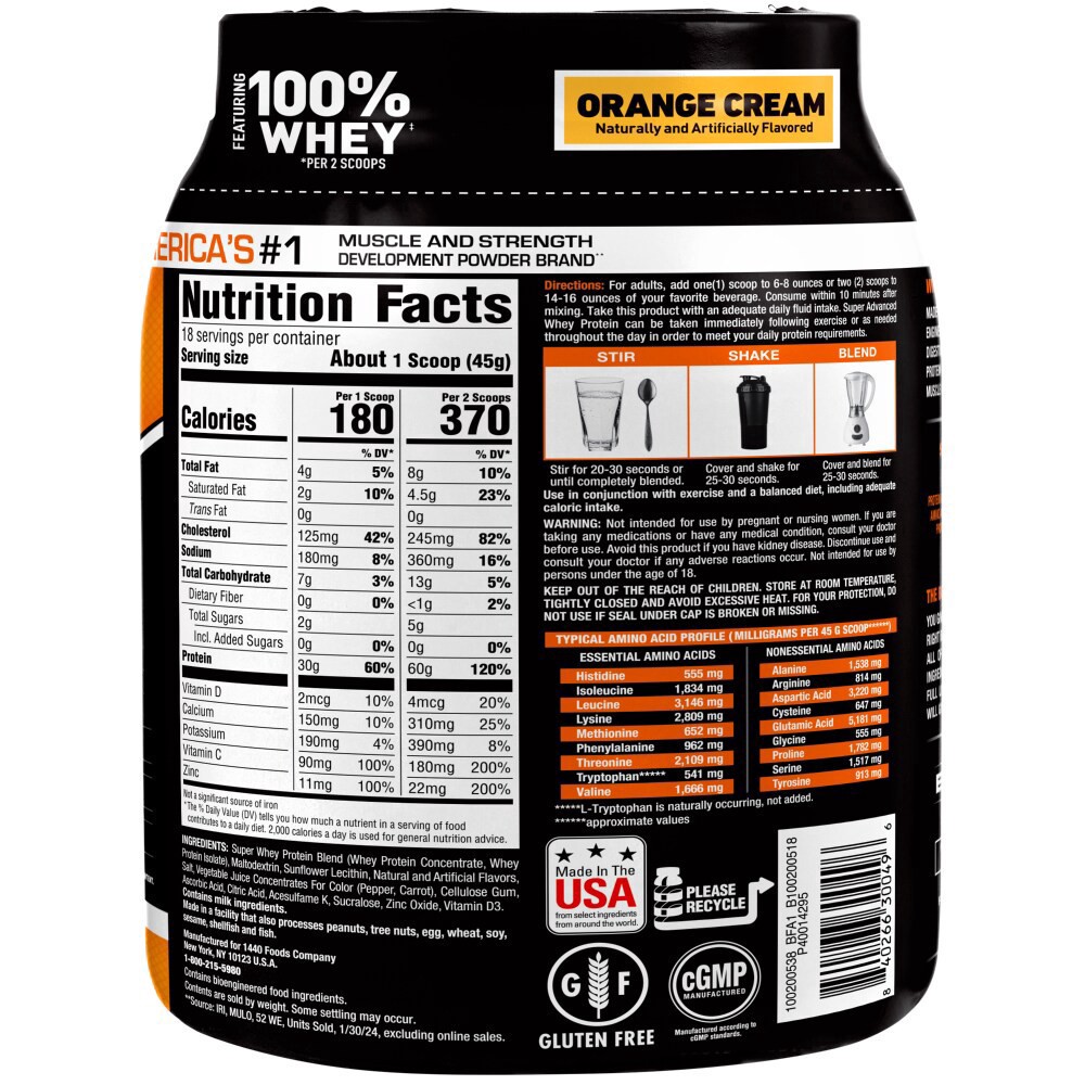 slide 3 of 5, Body Fortress® Super Advanced Whey Orange Cream Protein Powder, 28.5 oz