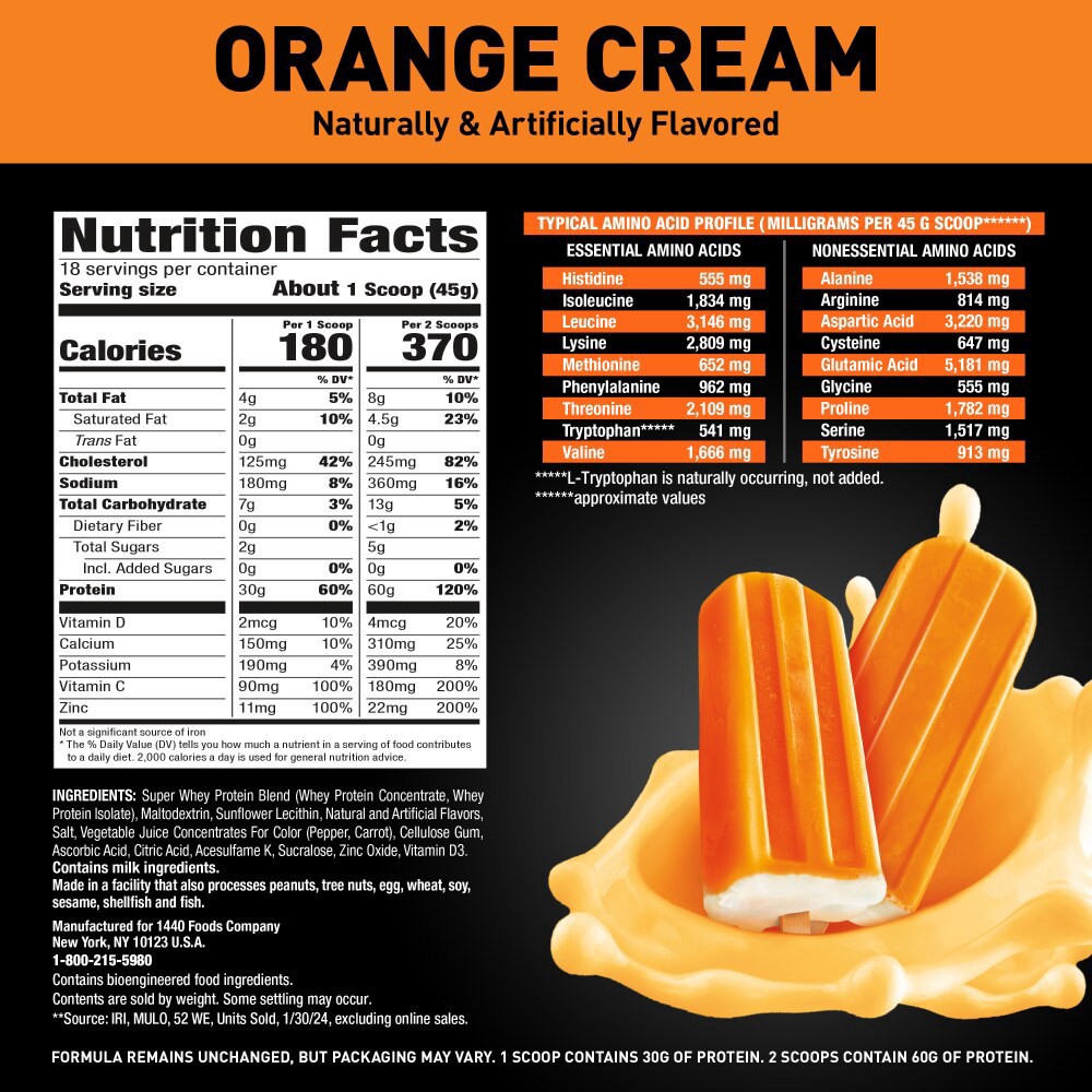 slide 2 of 5, Body Fortress® Super Advanced Whey Orange Cream Protein Powder, 28.5 oz