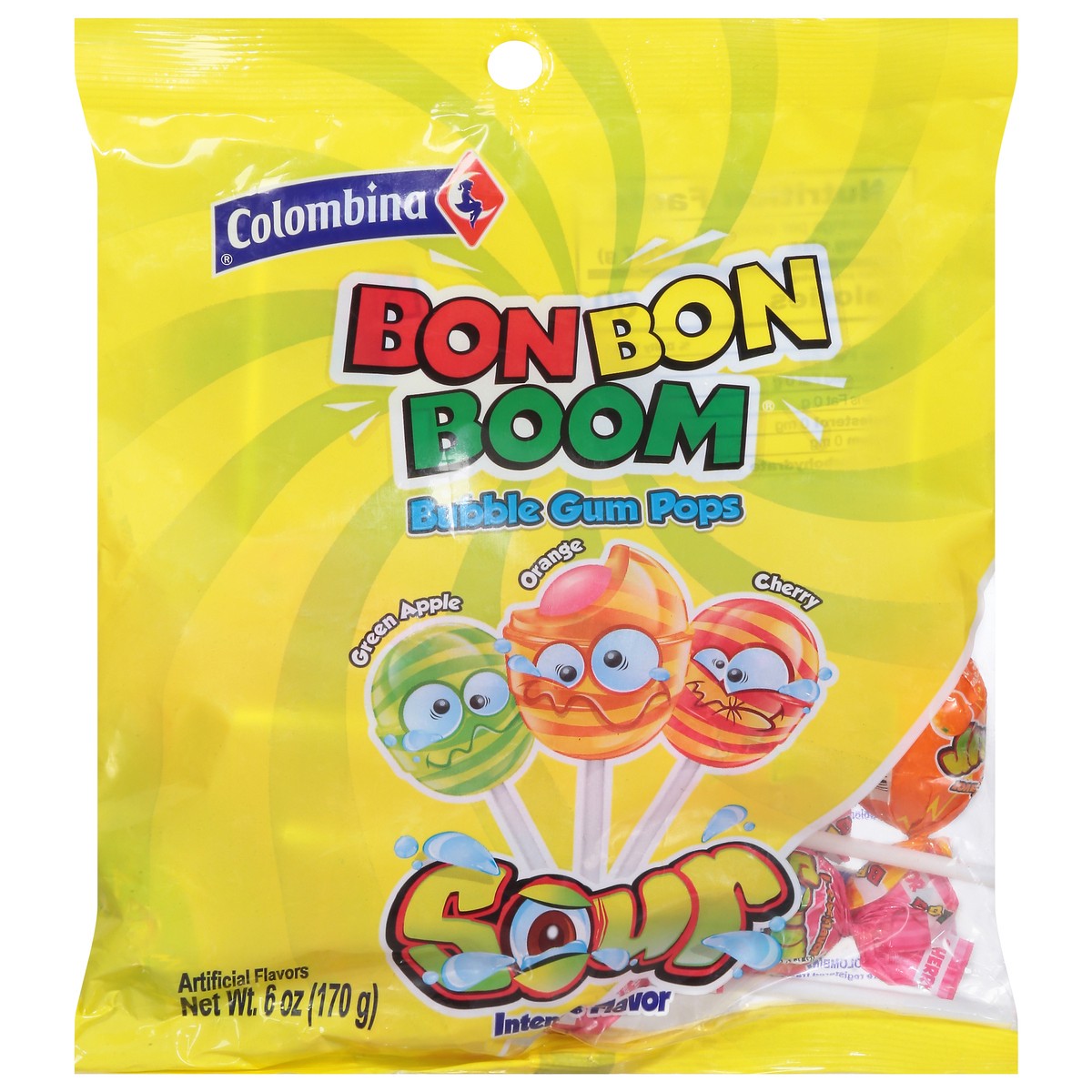 slide 9 of 15, CANDY DSD Columbina Bon Bon Bum Agrio (Sour Assorted Bubble Gum Pops), 1 ct