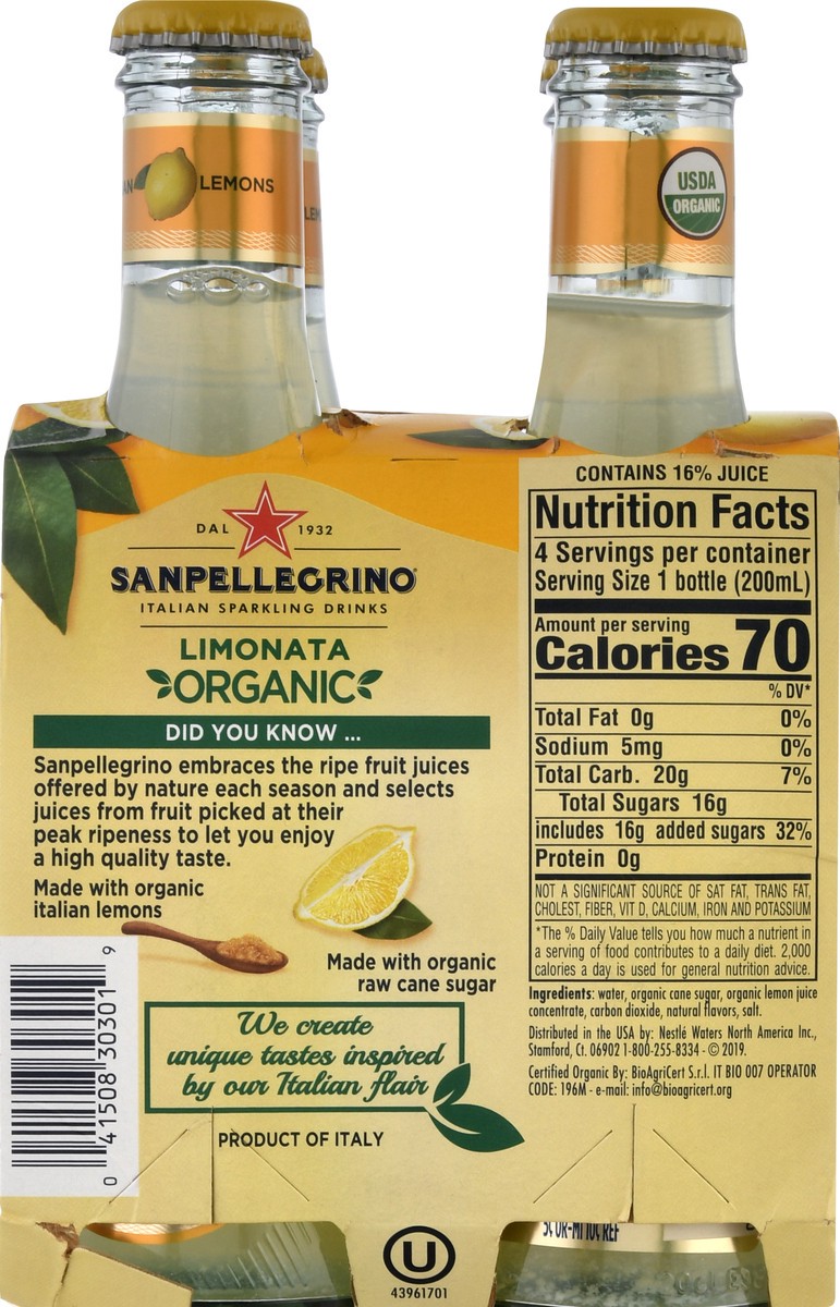 slide 9 of 9, SANPELLEGRINO Italian Sparkling Drinks Organic Limonata, 6.76 oz. glass bottle 4-pack, 27 oz