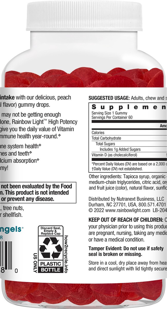 slide 6 of 7, Rainbow Light 2000 IU High Potency Peach Flavored Vitamin D3 60 Gummies, 60 ct