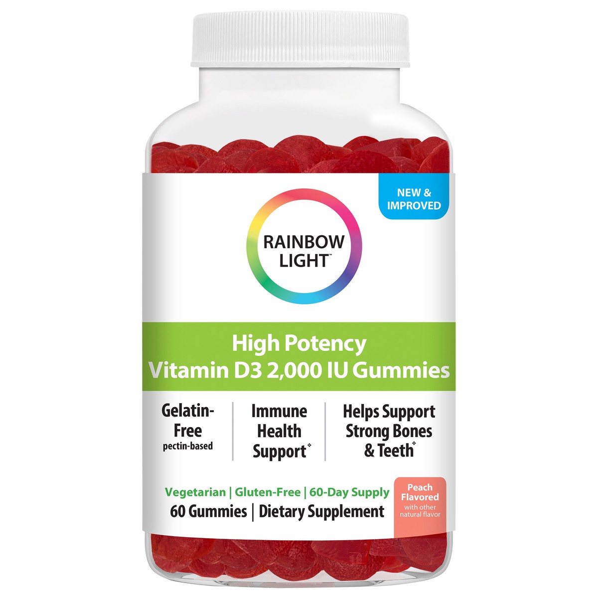 slide 1 of 7, Rainbow Light 2000 IU High Potency Peach Flavored Vitamin D3 60 Gummies, 60 ct