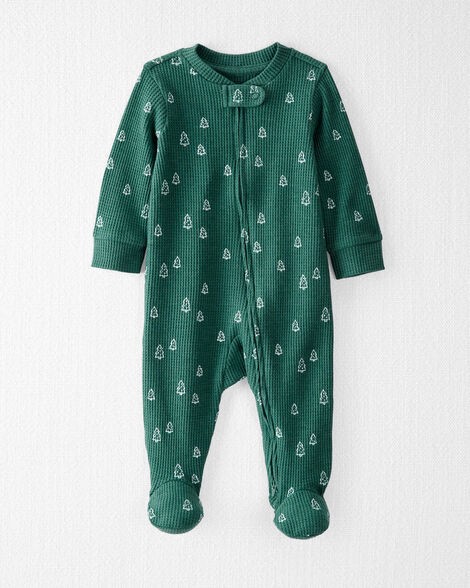 slide 1 of 3, Littleplanet Baby Organic Cotton Waffle Knit Sleep & Play Pajamas in Christmas Tree Print Green 9M, 1 ct
