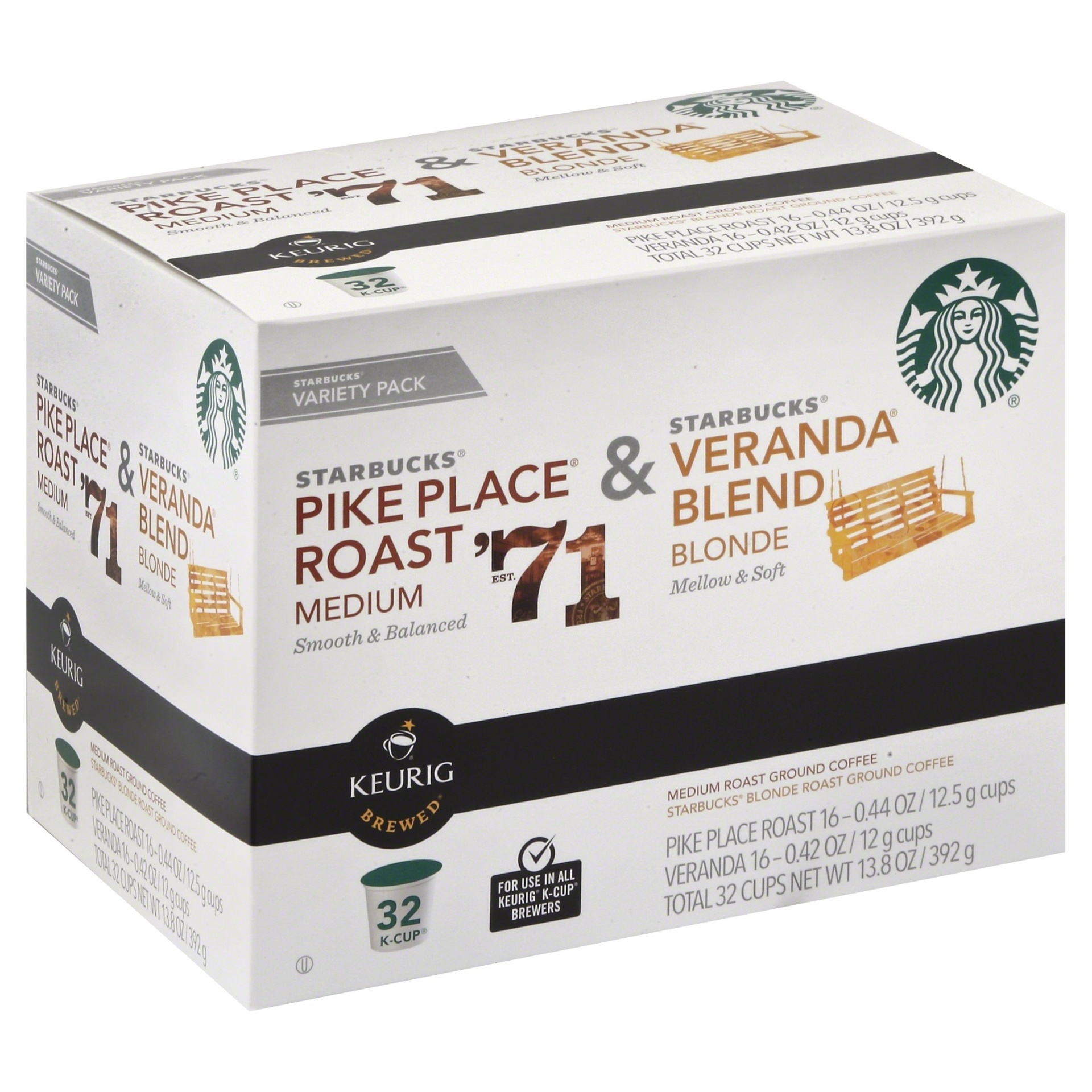 slide 1 of 1, Starbucks Pike Place Roast and Veranda Blend Ground Coffee K-Cup Pods 32 ct Box, 32 ct; 13.8 oz