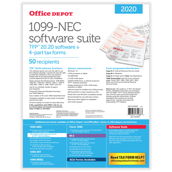 slide 2 of 4, Office Depot Brand 1099-Nec Laser Tax Forms With Software, 2-Up, 4-Part, 8-1/2'' X 11'', Pack Of 50 Form, 50 ct