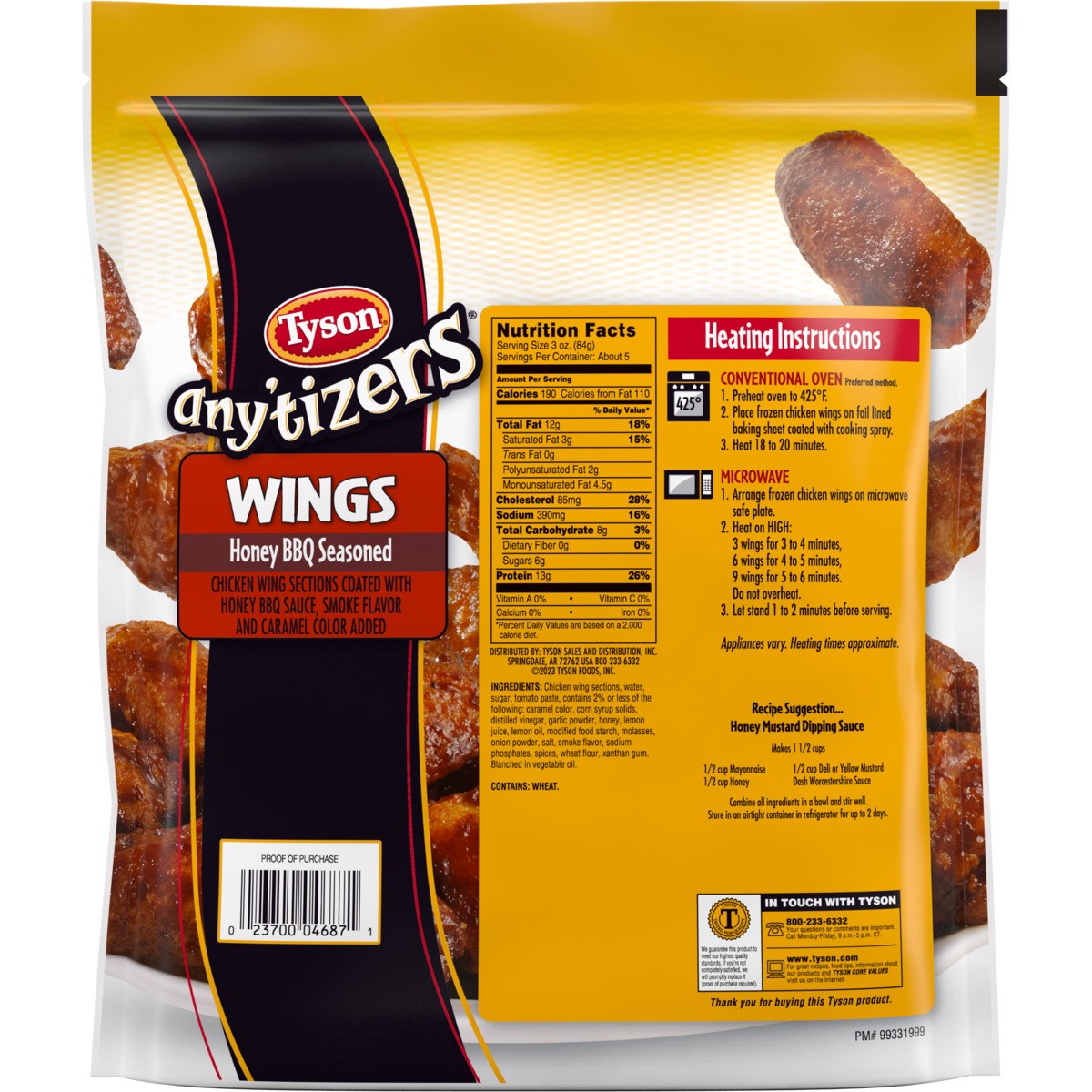 slide 6 of 6, Tyson Any'tizers BBQ Bone-In Chicken Wings, 22 oz. (Frozen), 623.69 g