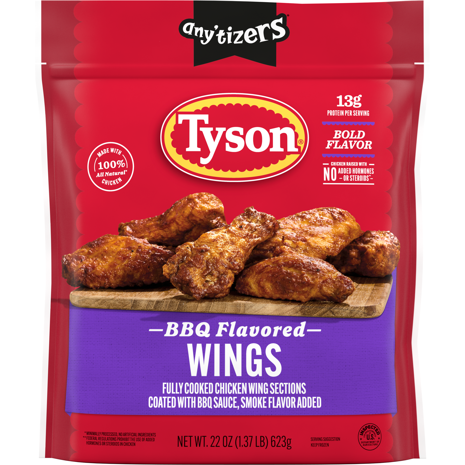 slide 1 of 6, Tyson Any'tizers BBQ Flavored Bone-In Frozen Chicken Wings, 22 oz Bag, 623.69 g