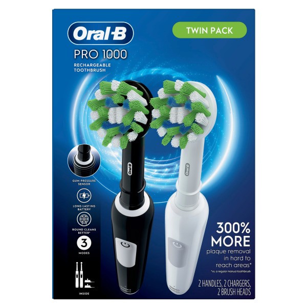 slide 15 of 29, Oral-B Pro 1000 CrossAction Electric Toothbrush, Powered by Braun, Black and White, Pack of 2, 2 ct