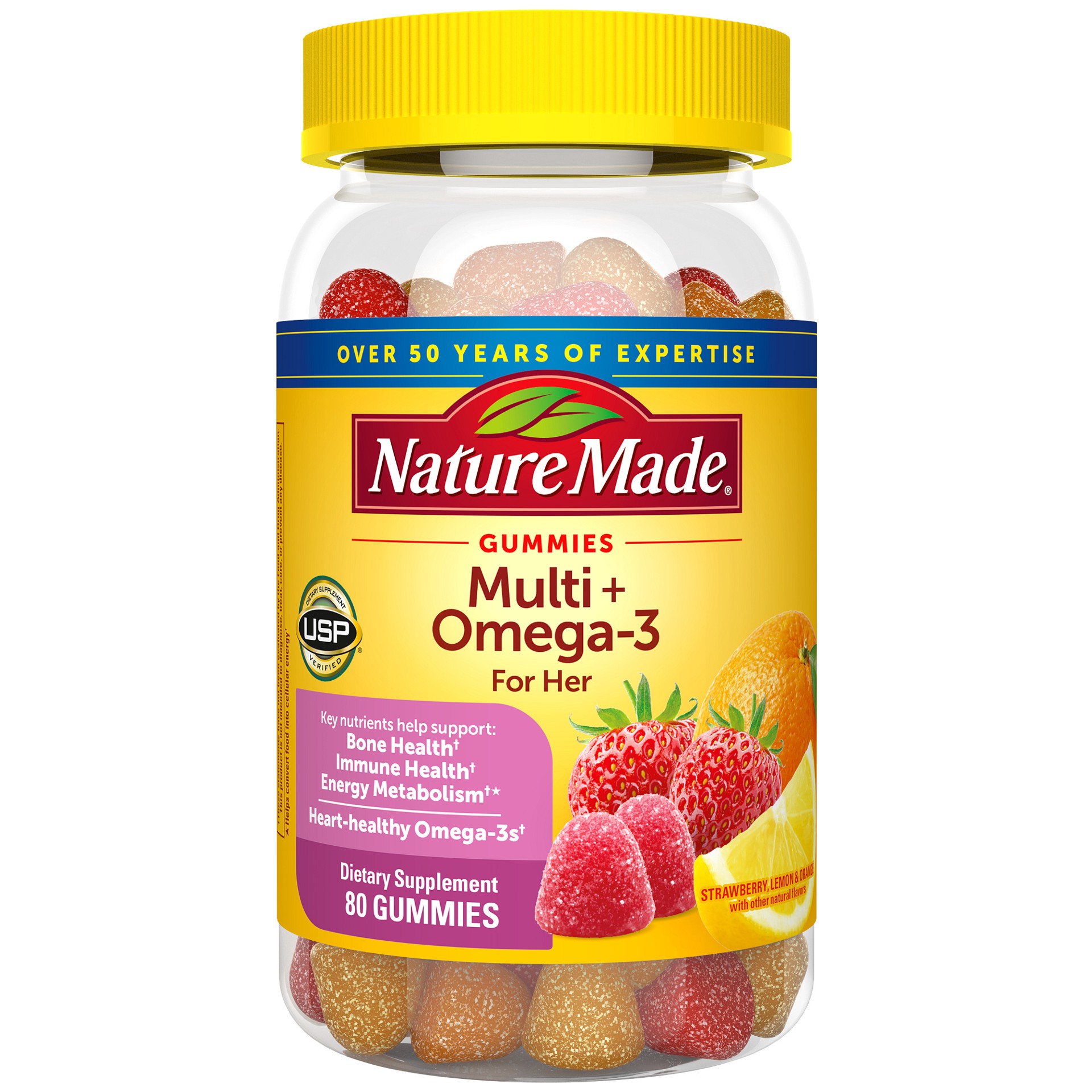 slide 1 of 8, Nature Made Gummies Strawberry, Lemon & Orange Multi + Omega-3 for Her 80 Gummies, 80 ct