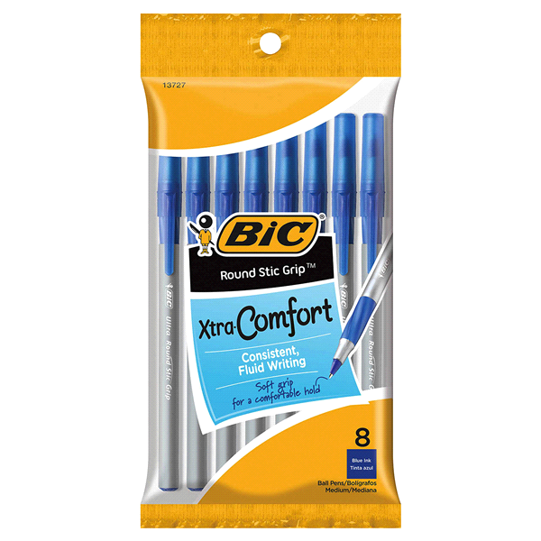 slide 1 of 1, BIC Ball Point Pens Ultra Round Stic Grip Blue, 8 ct