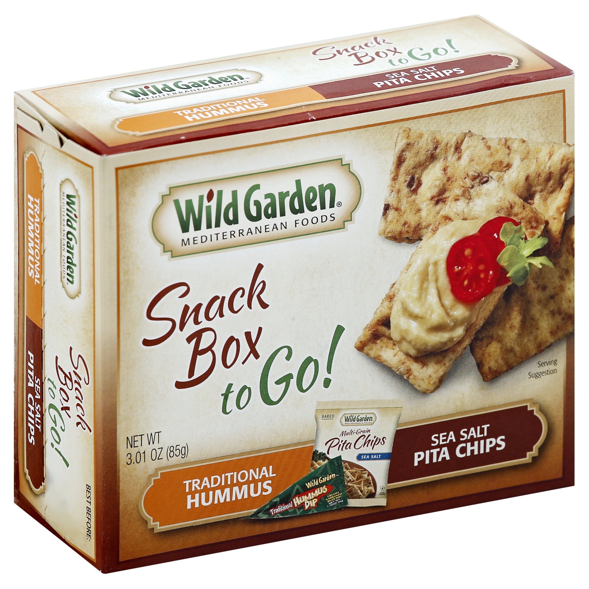 slide 1 of 6, Wild Garden Traditional Hummus Sea Salt Pita Chips Snack Box To Go!, 3.01 oz