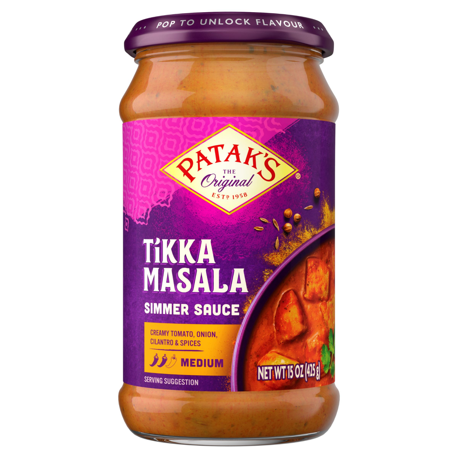slide 1 of 3, Patak's Medium Tikka Masala Simmer Sauce 15 oz, 15 oz