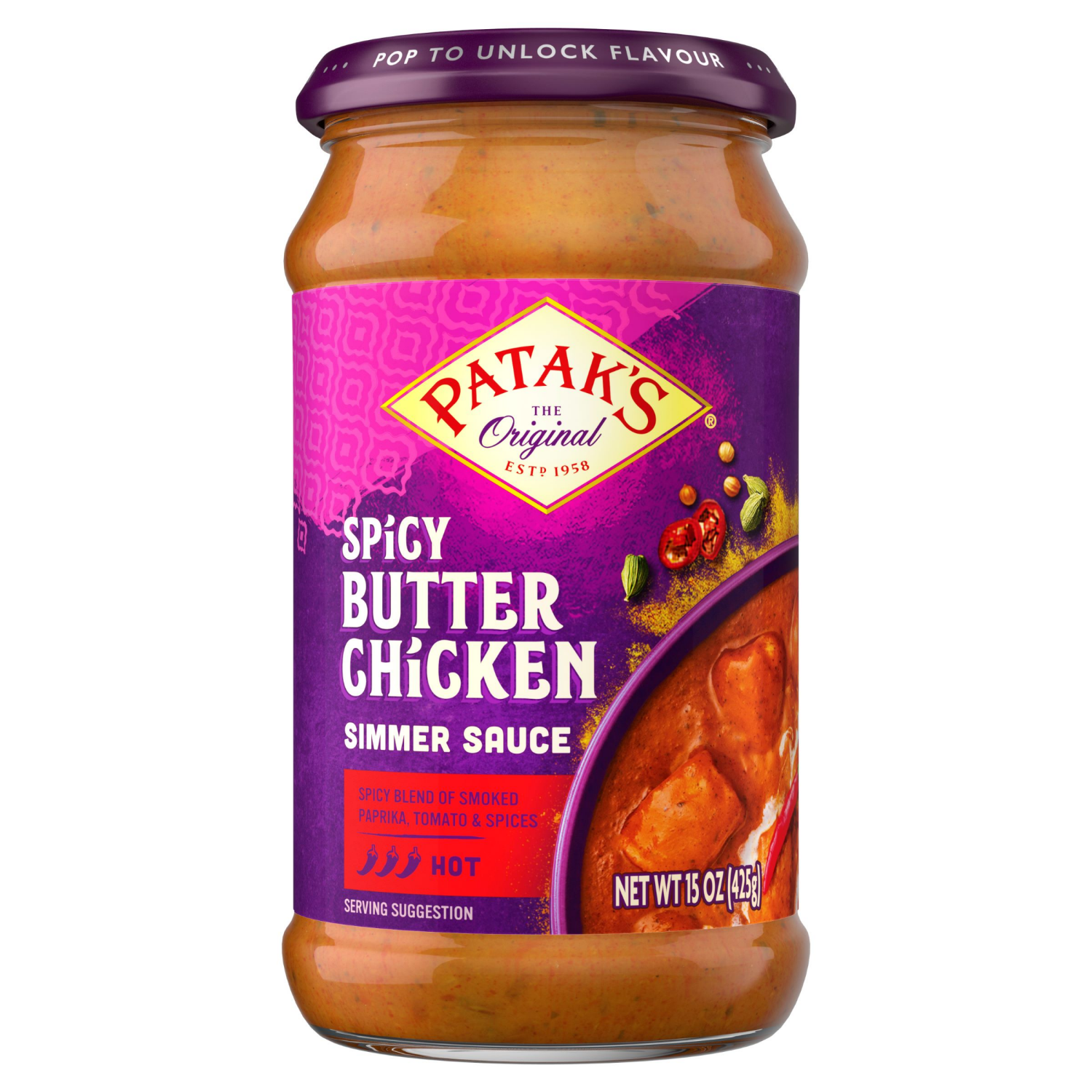 slide 1 of 2, Patak's Hot Spicy Butter Chicken Simmer Sauce 15 oz, 15 oz