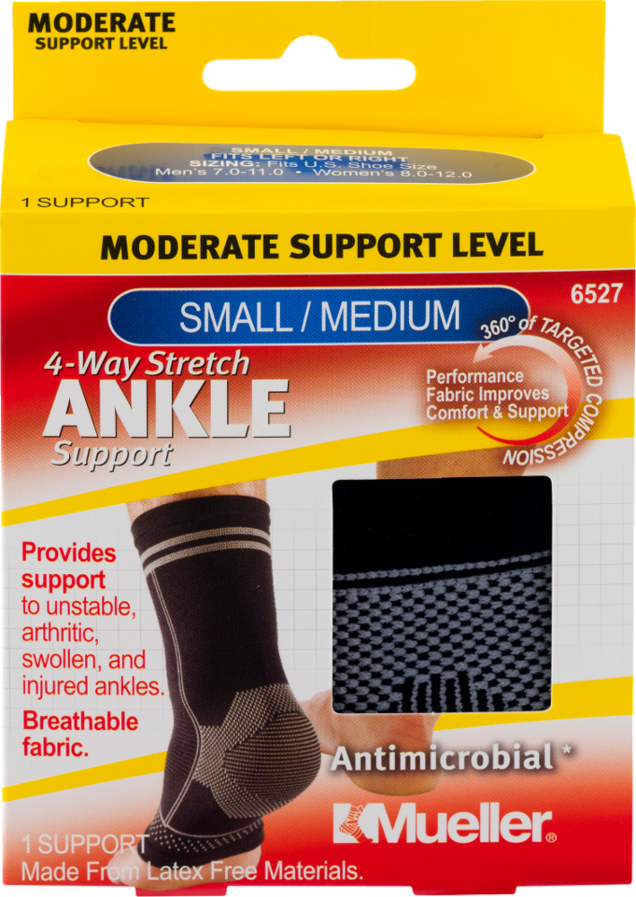 slide 1 of 3, Mueller Small/Medium 4-Way Stretch Ankle Support, Sm-Med