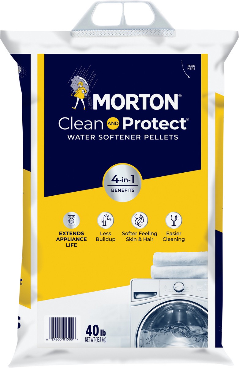 slide 2 of 6, Morton Clean and Protect Water Softener Salt is formulated to prevent buildup in pipes and appliances, helping to extend their life and improve efficiency. For the many households that have hard water, it is a solution for softer water that provides many added benefits. When used, Morton Water Softener Salt Pellets help not only to decrease the buildup hard water can cause in pipes and appliances and make dishes easier to clean, but also leaves hair and skin feeling softer after washing and bathing.
To continue to see the benefits of Morton Water Softener Salt Pellets, it is recommended that every other month you add between two and four new bags to your tank, depending on the number of people in your household. In order to make carrying and pouring our 40 lb. bags easier, this bag features a sturdy plastic handle an easy-tear opening., 40 lb