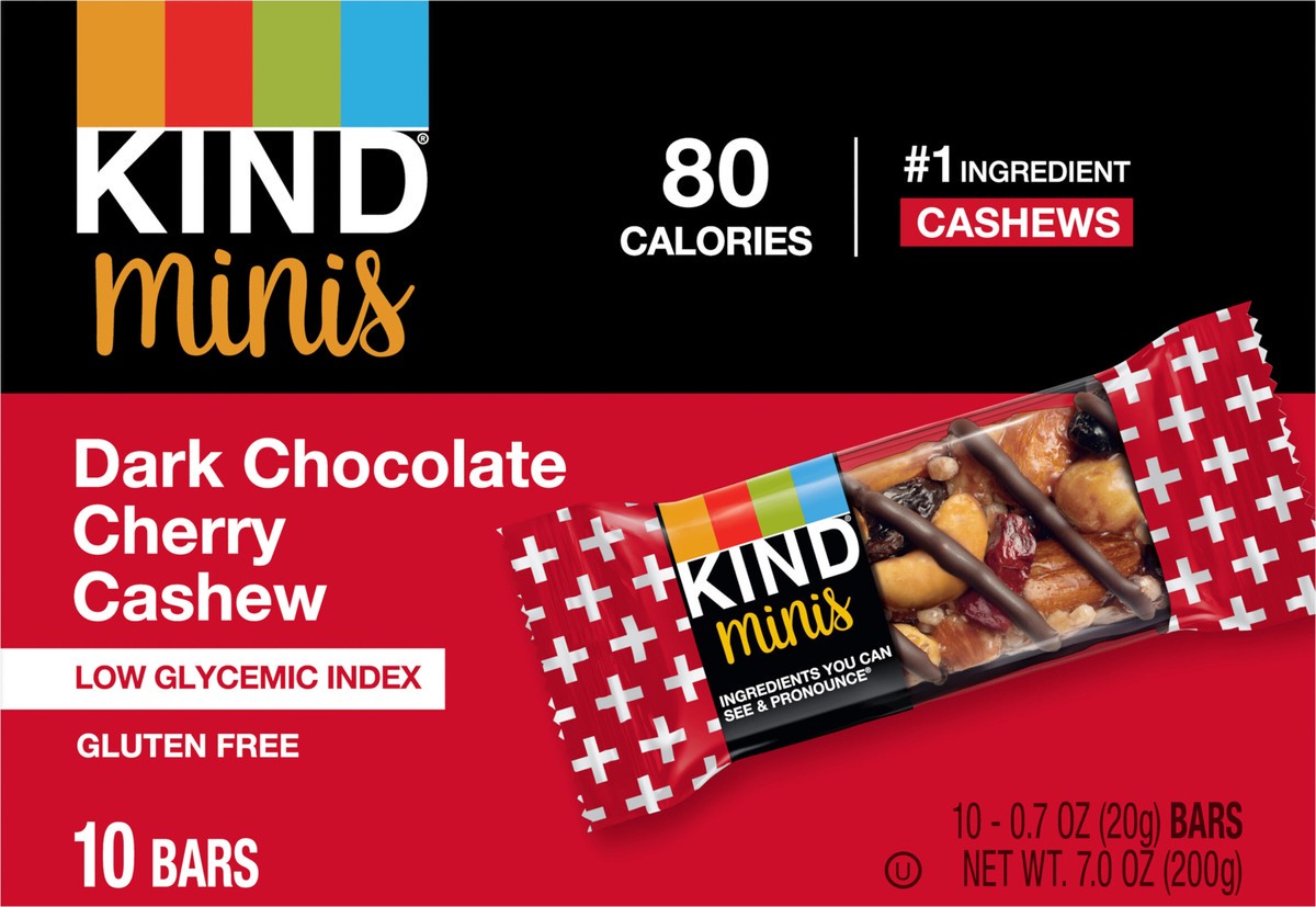 slide 2 of 2, KIND Minis Healthy Snack Bar, Dark Chocolate Cherry Cashew, Low Glycemic Index, Gluten Free Bars, 0.7 OZ, (10 Count), 10 ct