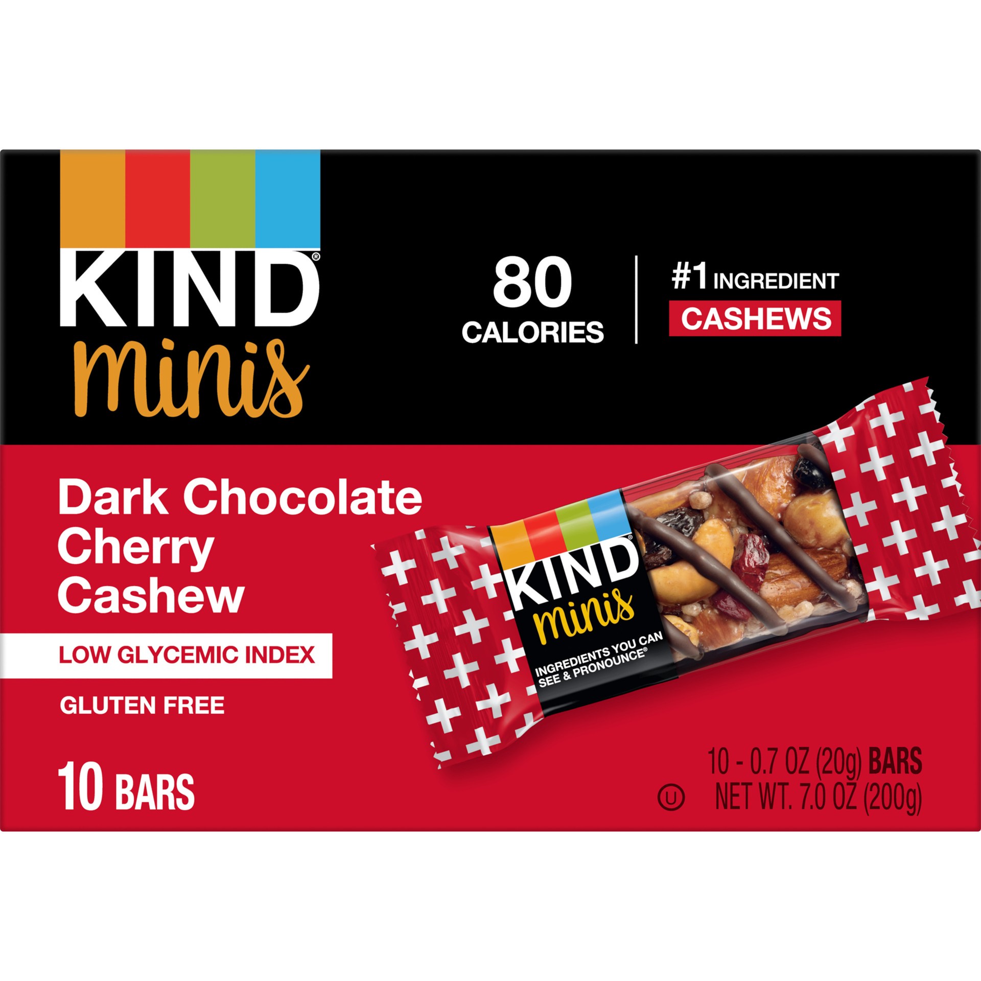 slide 1 of 2, KIND Minis Gluten Free Dark Ready to Eat Chocolate Cherry Cashew Snack Bars, 0.7 oz, 10 Count Box, 10 ct; 7 oz