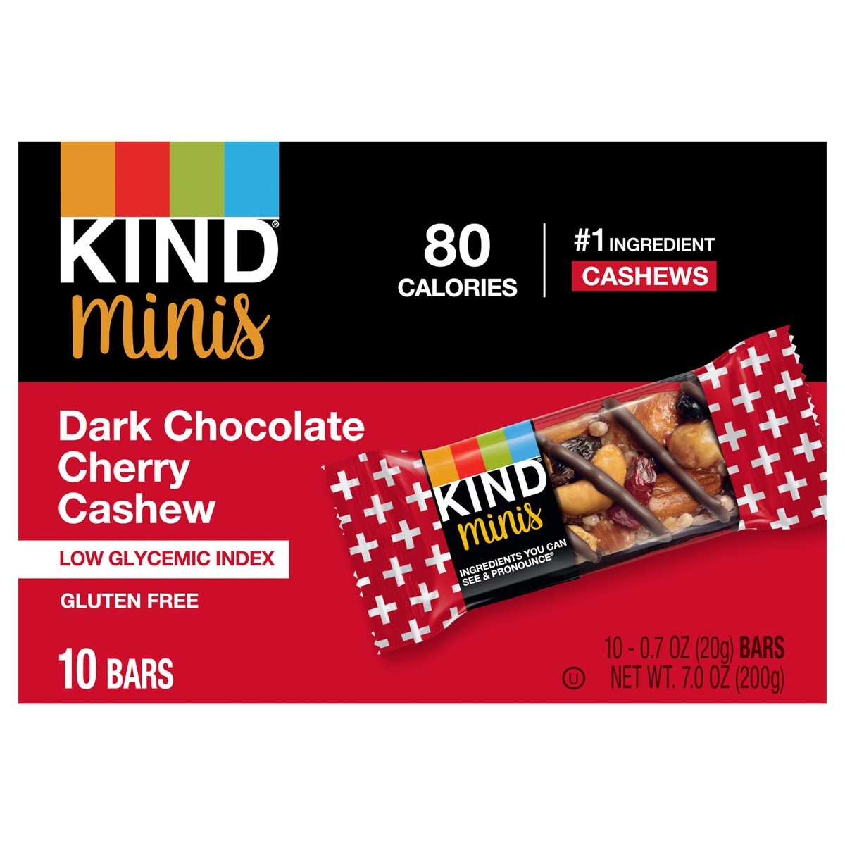 slide 1 of 2, KIND Minis Healthy Snack Bar, Dark Chocolate Cherry Cashew, Low Glycemic Index, Gluten Free Bars, 0.7 OZ, (10 Count), 10 ct