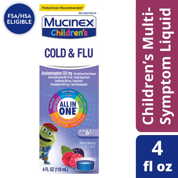 slide 1 of 1, Mucinex Children's Cold, Cough, & Sore Throat Liquid, Mixed Berry (Packaging May Vary), 4 fl oz