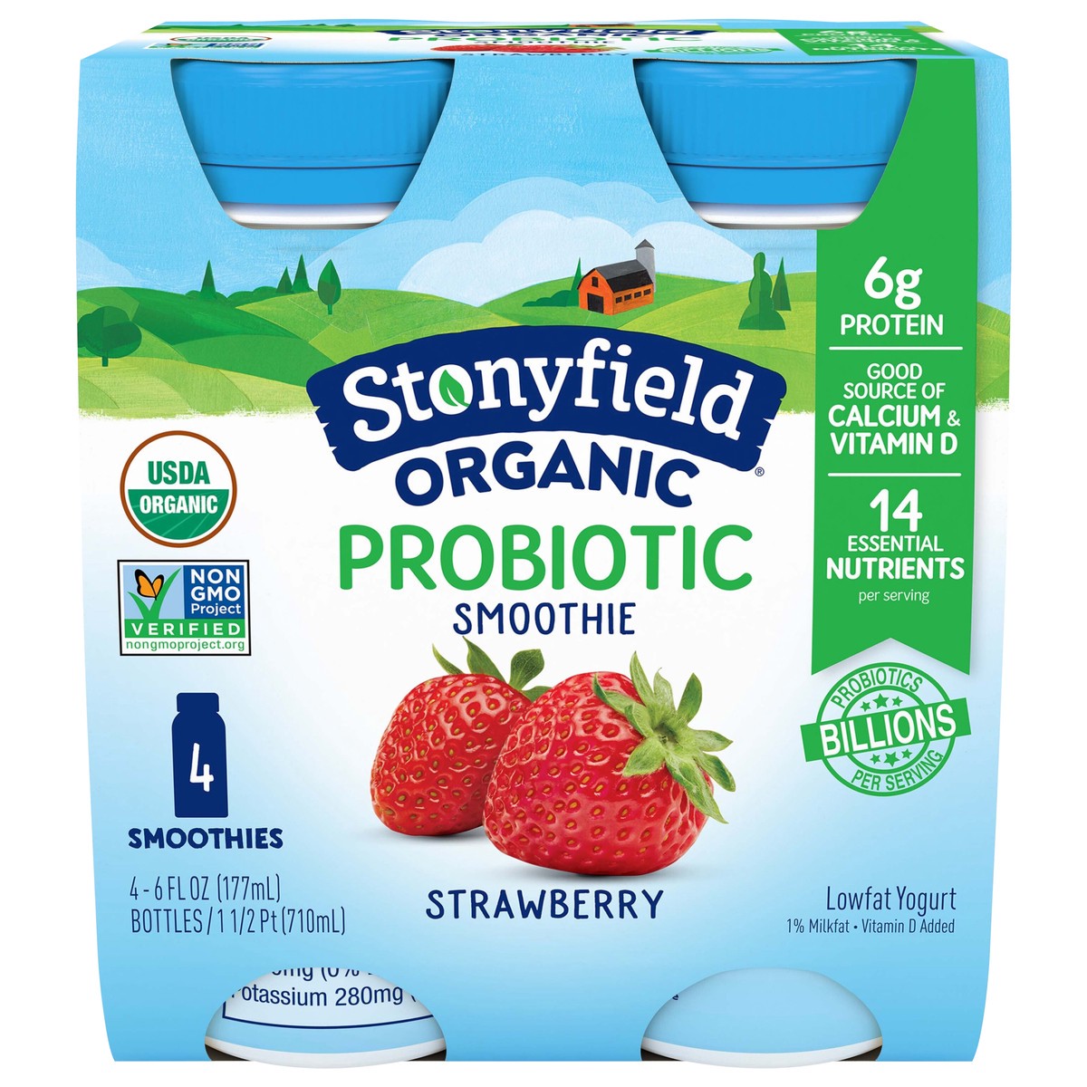 slide 1 of 5, Stonyfield Organic Lowfat Yogurt Strawberry Probiotic Smoothie 4 - 6 fl oz Bottles, 4 ct