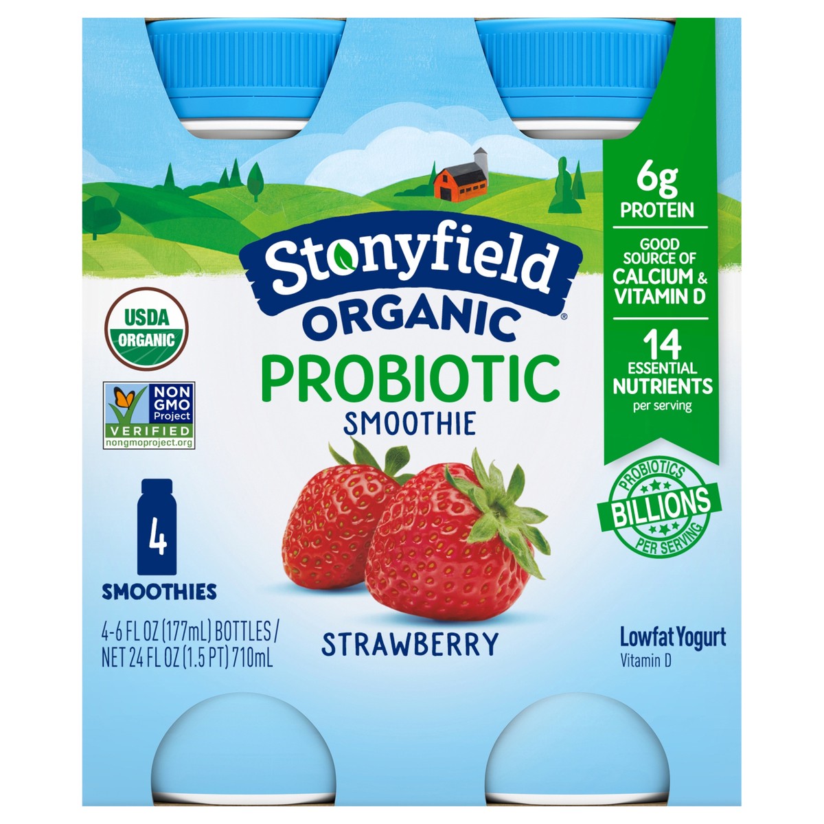 slide 1 of 5, Stonyfield Organic Probiotic Strawberry Lowfat Yogurt Smoothies 4-6 fl. oz. Bottles, 4 ct