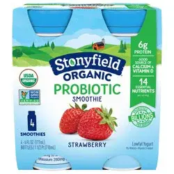 Stonyfield Organic Lowfat Yogurt Strawberry Probiotic Smoothie 4 - 6 fl oz Bottles