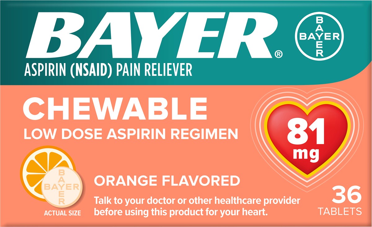 slide 4 of 7, Bayer Chewable Low Dose Orange Flavored 81 mg Aspirin Tablets 36 ea Box, 36 ct; 81 mg