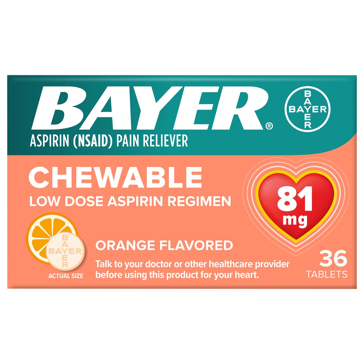 slide 1 of 7, Bayer Chewable Low Dose Orange Flavored 81 mg Aspirin Tablets 36 ea Box, 36 ct; 81 mg