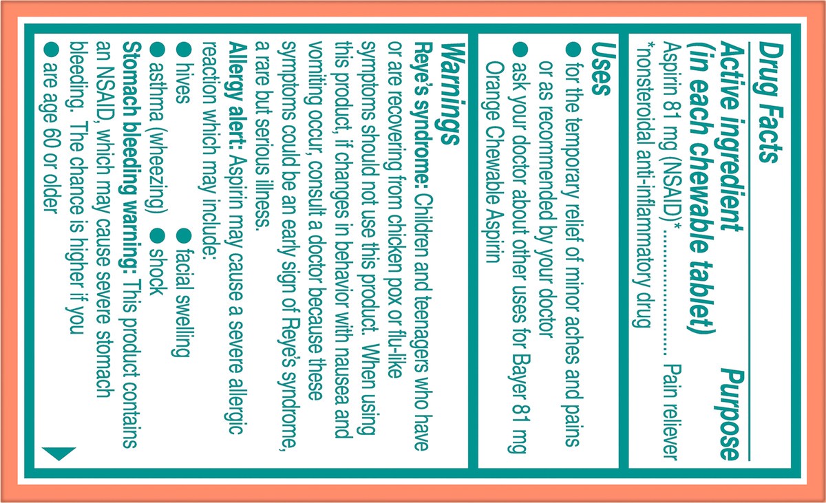 slide 7 of 7, Bayer Chewable Low Dose Orange Flavored 81 mg Aspirin Tablets 36 ea Box, 36 ct; 81 mg