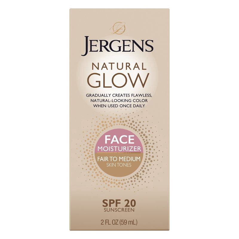slide 1 of 9, Jergens Natural Glow SPF 20 Face Moisturizer, Self Tanner, Fair to Medium Skin Tone, Sunless Tanning, Daily Facial Sunscreen, 2 oz, Oil Free, Broad Spectrum Protection UVA and UVB (Packaging May Vary), 2 fl oz
