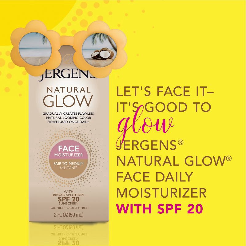 slide 4 of 9, Jergens Natural Glow SPF 20 Face Moisturizer, Self Tanner, Fair to Medium Skin Tone, Sunless Tanning, Daily Facial Sunscreen, 2 oz, Oil Free, Broad Spectrum Protection UVA and UVB (Packaging May Vary), 2 fl oz