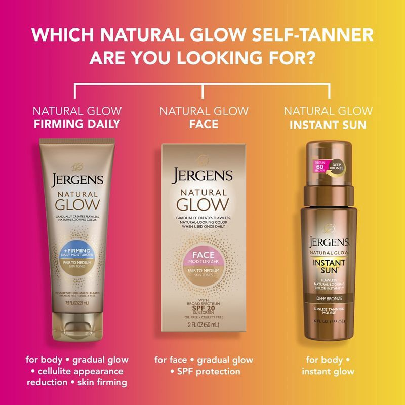 slide 8 of 9, Jergens Natural Glow SPF 20 Face Moisturizer, Self Tanner, Fair to Medium Skin Tone, Sunless Tanning, Daily Facial Sunscreen, 2 oz, Oil Free, Broad Spectrum Protection UVA and UVB (Packaging May Vary), 2 fl oz