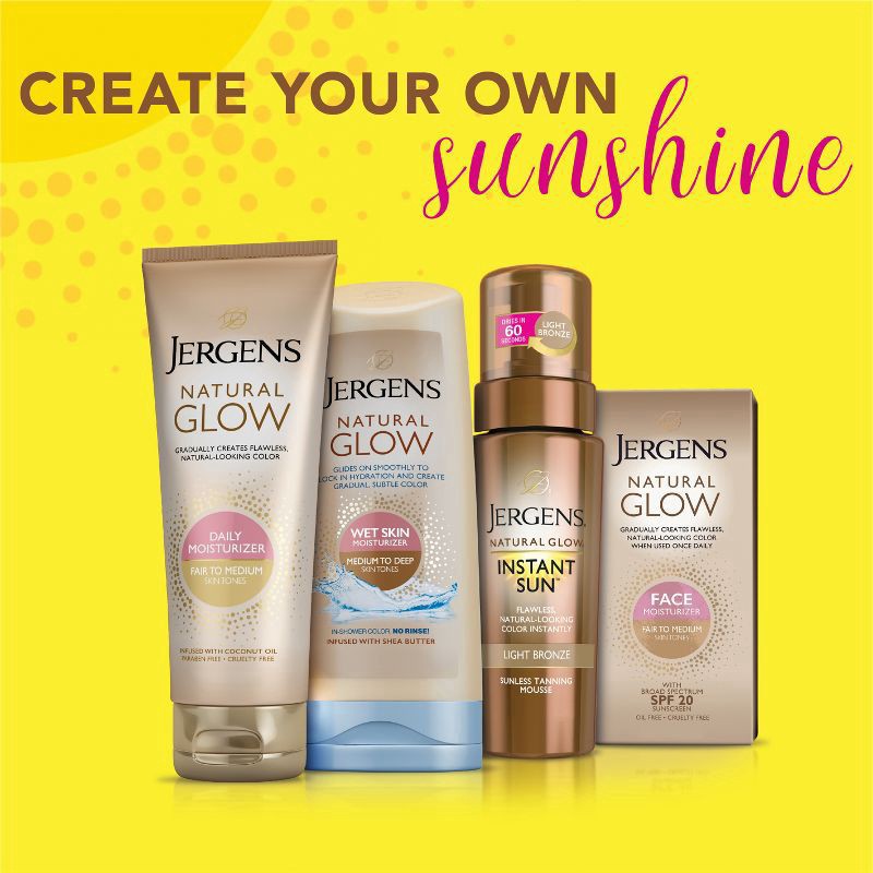 slide 9 of 9, Jergens Natural Glow SPF 20 Face Moisturizer, Self Tanner, Fair to Medium Skin Tone, Sunless Tanning, Daily Facial Sunscreen, 2 oz, Oil Free, Broad Spectrum Protection UVA and UVB (Packaging May Vary), 2 fl oz