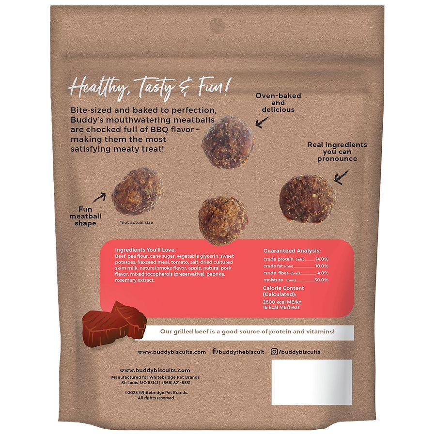 slide 2 of 5, Buddy Biscuits Meaty Meatball Bites Dog Treats, BBQ Beef, 7 oz Bag, 7 oz