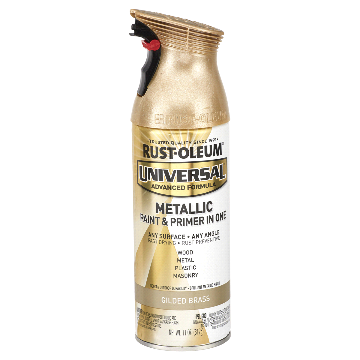 slide 1 of 1, Rust-Oleum Universal Metallic Paint & Primer in One Spray Paint - 330504, Gilded Brass, 11 oz